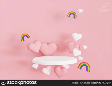 Podium with hearts and rainbows flying in the air. Valentine’s Day. Podium for product, cosmetic presentation. Mock up. Pedestal or platform for beauty products. LGBT, love, diversity. 3D render. Podium with hearts and rainbows flying in the air. Valentine’s Day. Podium for product, cosmetic presentation. Mock up. Pedestal or platform for beauty products. LGBT, love, diversity. 3D render.