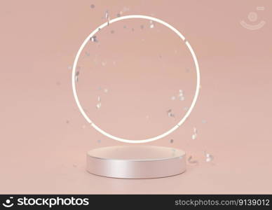 Podium with light ring and falling confetti on pink background. Elegant podium for product, cosmetic presentation. Luxury mockup. Pedestal or platform for beauty products. Empty scene. 3D rendering. Podium with light ring and falling confetti on pink background. Elegant podium for product, cosmetic presentation. Luxury mockup. Pedestal or platform for beauty products. Empty scene. 3D rendering.