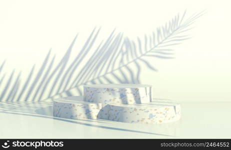 Podium with palm leaves on pastel background. Concept scene stage showcase for product, promotion, sale, banner, presentation, cosmetic. 3d. Podium with palm leaves on pastel background. Concept scene stage showcase for product, promotion, sale, banner, presentation, cosmetic. Minimal showcase empty mock up. 3d
