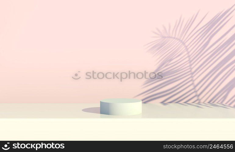 Podium with palm leaves on pastel background. Concept scene stage showcase for product, promotion, sale, banner, presentation, cosmetic. 3d. Podium with palm leaves on pastel background. Concept scene stage showcase for product, promotion, sale, banner, presentation, cosmetic. Minimal showcase empty mock up. 3d