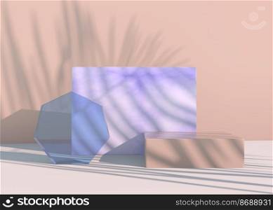 Podium with palm leaves shadows for cosmetic product presentation. Empty showcase pedestal backdrop mock up. 3d.. Podium with palm leaves shadows for cosmetic product presentation. Empty showcase pedestal backdrop mock up. 3d render.