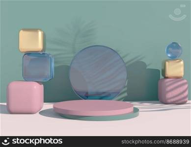 Podium with palm leaves shadows for cosmetic product presentation. Empty showcase pedestal backdrop mock up. 3d.. Podium with palm leaves shadows for cosmetic product presentation. Empty showcase pedestal backdrop mock up. 3d render.