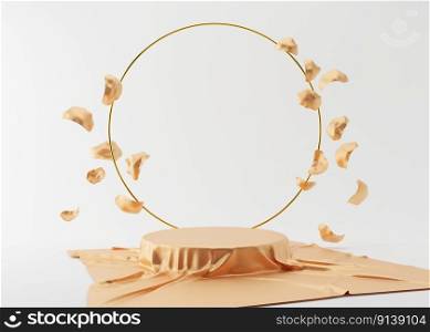 Podium with silk, golden ring and flying golden petals on the cream background. 3D rendering. Elegant podium for product, cosmetic presentation. Mock up. Pedestal or platform for beauty products. Podium with silk, golden ring and flying golden petals on the cream background. 3D rendering. Elegant podium for product, cosmetic presentation. Mock up. Pedestal or platform for beauty products.