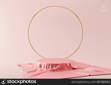 Podium with silk material and golden ring on the pink background. 3D rendering. Elegant podium for product, cosmetic presentation. Mock up. Pedestal or platform for beauty products. Podium with silk material and golden ring on the pink background. 3D rendering. Elegant podium for product, cosmetic presentation. Mock up. Pedestal or platform for beauty products.