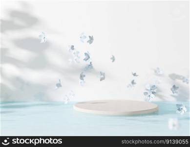 Podium with water and flying flowers on the white background. Mock up for product, cosmetic presentation. Summer or spring mood, blossom. Pedestal, platform for beauty products. 3D rendering. Podium with water and flying flowers on the white background. Mock up for product, cosmetic presentation. Summer or spring mood, blossom. Pedestal, platform for beauty products. 3D rendering.