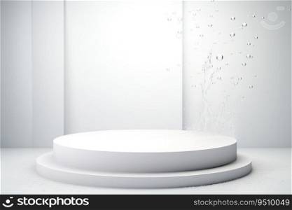 Podium with water splash. Mock up for product, cosmetic presentation. Pedestal or platform for beauty products. Empty scene. Stage, display, showcase. Podium with copy space. Generative AI. Podium with water splash. Mock up for product, cosmetic presentation. Pedestal or platform for beauty products. Empty scene. Stage, display, showcase. Podium with copy space. Generative AI.