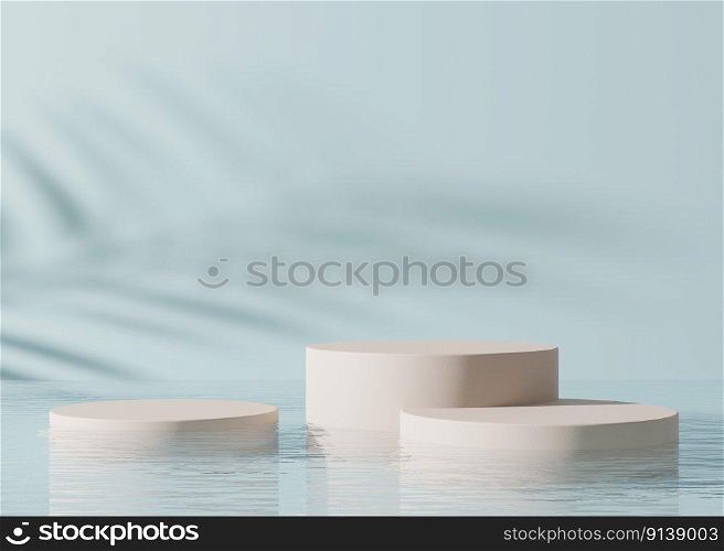 Podiums standing in water, with palm shadow, on the blue background. Beautiful mock up for product, cosmetic presentation. Pedestal or platform for beauty products. Empty scene, stage. 3D rendering. Podiums standing in water, with palm shadow, on the blue background. Beautiful mock up for product, cosmetic presentation. Pedestal or platform for beauty products. Empty scene, stage. 3D rendering.