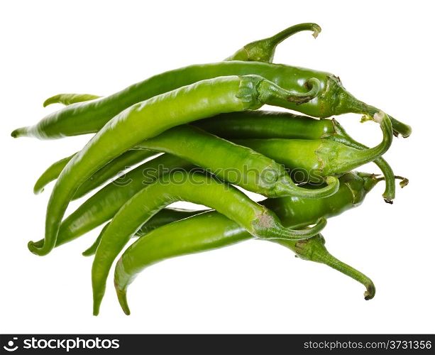pods of fresh green hot peppers isolated on white background