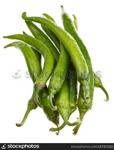 pods of fresh green spicy peppers isolated on white background