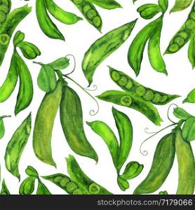 Pods of green peas in a pattern on a white background. Watercolor hand illustration for print and design.