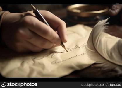 Poet writes concept. Vintage parchment on wooden table. Generate Ai. Poet writes concept