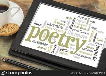 poetry word cloud on a digital tablet with cup of coffee