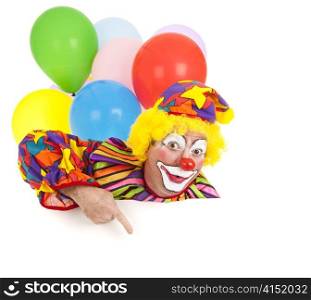 Pointing clown with balloons, isolated on white. Design element ready for your text.