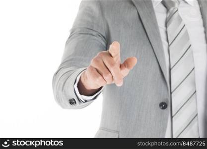 Pointing finger close-up. Pointing finger close-up shot of a caucasian man in a business suit