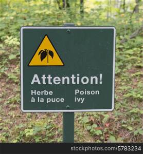 Poison Ivy Warning sign in a forest, Manoir-Papineau National Historic Site, Montebello, Quebec, Canada
