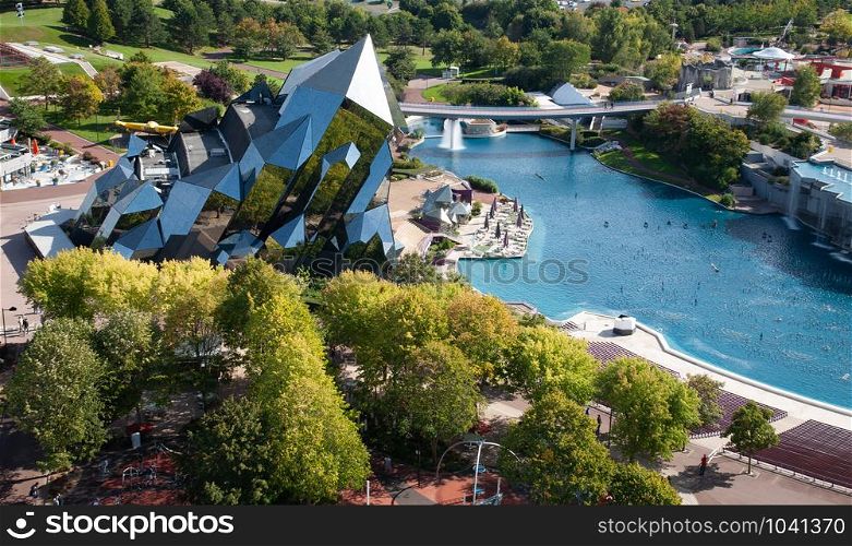 Poitiers, France - September 21 2010 : Futuroscope amusement park, aerial view from the Gyrotour. Kinemax quarz building.. Futuroscope aerial view, theme park in Poitiers, France