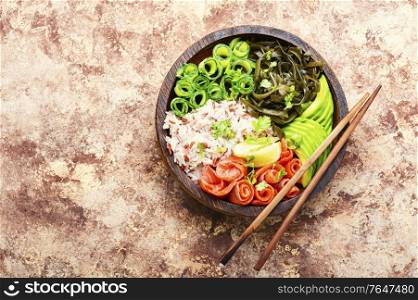 Poke bowl with salmon and vegetables. Poke bowl,traditional hawaii food