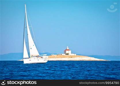 Pokonji Dol Lighthouse in Hvar island archipelago sailing, Dalmatia region of Croatia