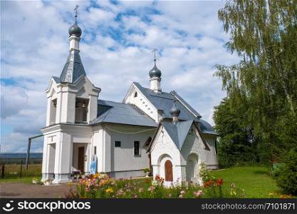 Pokrovsky temple and a small chapel in the village of Dyachevo, Ivanovo region, Russia.
