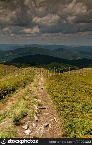 Poland.Bieszczady mountins in summer.Tourist trail in the mountains