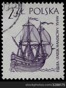 POLAND, circa 1960 - fleuta (fluit) commercial Dutch sail ship with three masts used seventeenth century, vintage canceled post stamp