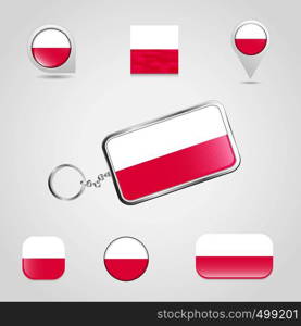 Poland Country Flag on Keychain and map pin different style. Vector EPS10 Abstract Template background