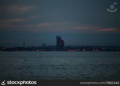 Poland, Gdynia city marine town skyline at sunset, night cityscape panorama