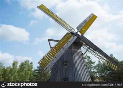 Poland.Pomerania.Horizontal and close view on the old,antique windmill.