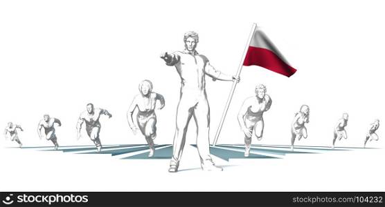 Poland Racing to the Future with Man Holding Flag. Poland Racing to the Future