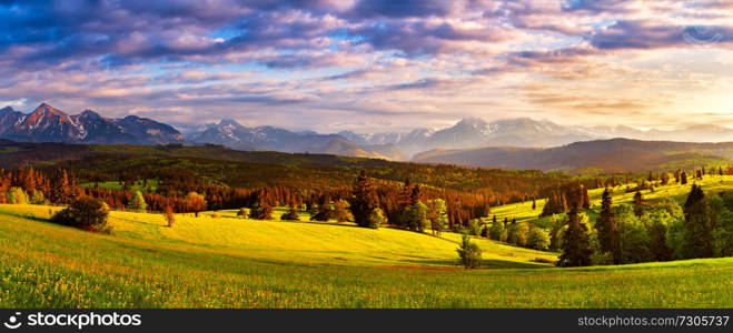 Poland spring Tatra mountains panorama. Beautiful valley and cloudy sky. Green spring sunset meadows on hills. Vacation, travel in Europe