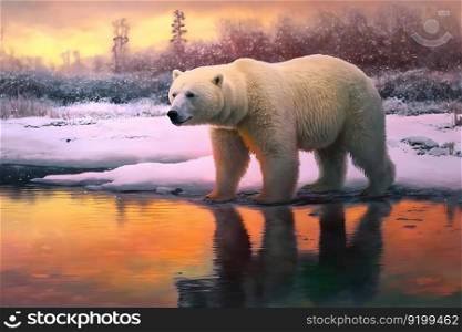 polar bear in wildness area against sunset. Neural network AI generated art. polar bear in wildness area against sunset. Neural network AI generated