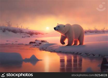 polar bear in wildness area against sunset. Neural network AI generated art. polar bear in wildness area against sunset. Neural network AI generated