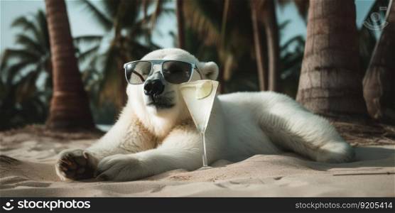 polar bear is on summer vacation at seaside resort and relaxing on summer beach