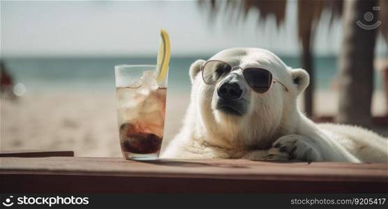 polar bear is on summer vacation at seaside resort and relaxing on summer beach