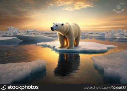 Polar bear on an ice floe in the Arctic Sea against the background of the morning sun. AI generated. Natural nature illustration. Header banner mockup with space.. Polar bear on an ice floe in the Arctic Sea against the background of the morning sun. AI generated.