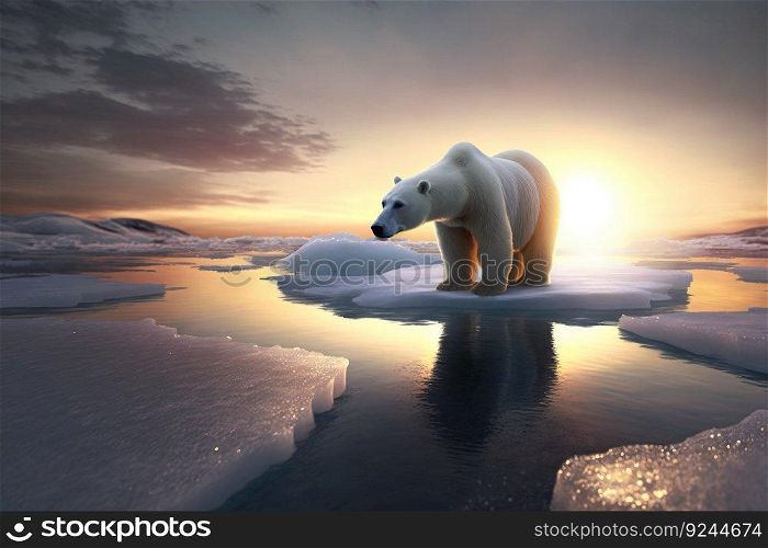 Polar bear on an ice floe in the Arctic Sea against the background of the morning sun. AI generated. Natural nature illustration. Header banner mockup with space.. Polar bear on an ice floe in the Arctic Sea against the background of the morning sun. AI generated.