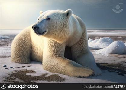 Polar bear on an ice floe in the Arctic Sea against the background of the morning sun. AI generated. Natural nature illustration.. Polar bear on an ice floe in the Arctic Sea against the background of the morning sun. AI generated.