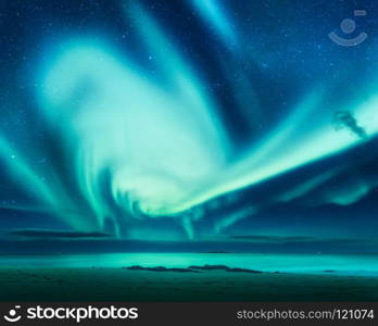 Polar lights above the sea at night in Lofoten islands, Norway. Green northern lights. Starry sky with Aurora borealis. Winter landscape with aurora, sea, sandy beach, sky reflection in water. Nature. Polar lights above the sea. Green northern lights