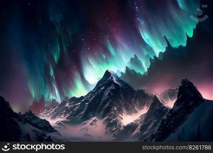 Polar lights also called northern lights or aurora borealis in northern norway mountains. Neural network AI generated art. Polar lights also called northern lights or aurora borealis in northern norway mountains. Neural network generated art
