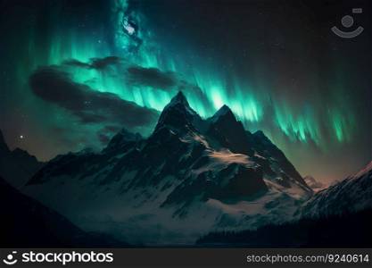 Polar lights also called northern lights or aurora borealis in northern norway mountains. Neural network AI generated art. Polar lights also called northern lights or aurora borealis in northern norway mountains. Neural network generated art