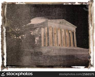 Polaroid transfer of Jefferson Memorial at night in Washington, DC, USA.