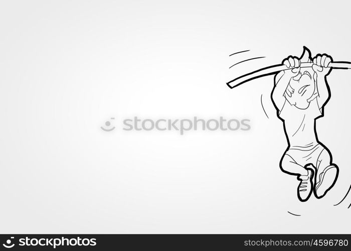 Pole vault. Funny caricature of man jumping with pole