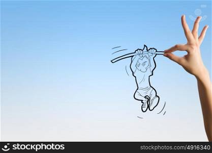 Pole vault. Funny caricature of man jumping with pole
