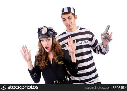 Police and prison inmate on white