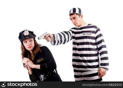 Police and prison inmate on white