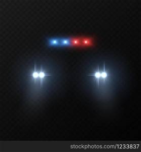 Police car headlights. Patrol police car with flashing light and headlights in dark, justice automobile silhouette with light effect vector mockup. Police car headlights. Patrol police car with flashing light and headlights in dark, automobile silhouette with light effect vector mockup