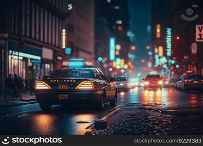 Police car in a rainy night city. Neural network AI generated art. Police car in a rainy night city. Neural network AI generated