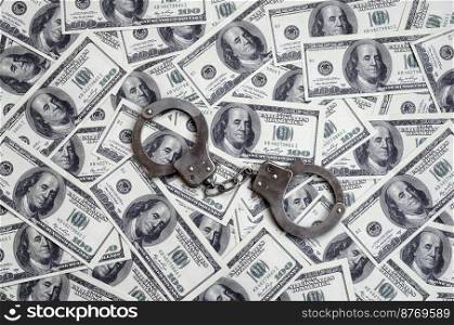 Police handcuffs lie on a lot of dollar bills. The concept of illegal possession of money, illegal transactions with US dollars. Economic Crime