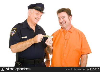 Police officer accepts cash bribe from a prison inmate. Isolated on white.
