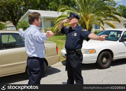 Police officer demonstrating a field sobriety test to a motorist.